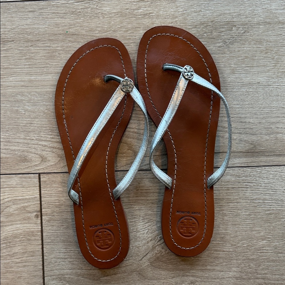 Tory Burch Brown Leather Sandals with Silver Straps